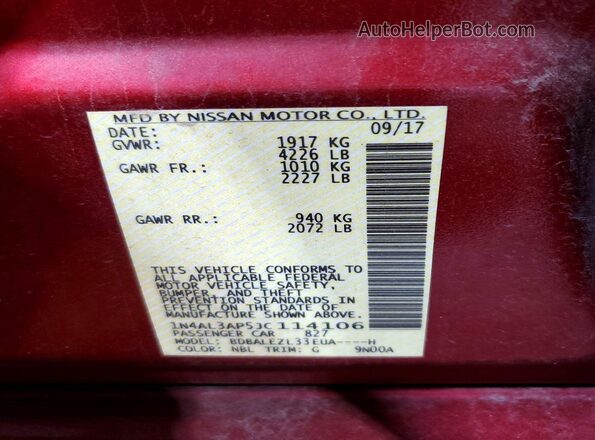 1N4AL3AP5JC114106 2018 NISSAN ALTIMA Красный Вид подкапотного пространства