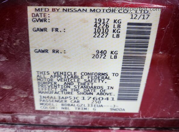 1N4AL3AP5JC176041 2018 NISSAN ALTIMA Red Vista del compartimento del motor