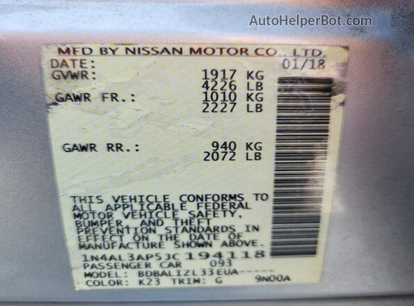 1N4AL3AP5JC194118 2018 NISSAN ALTIMA Серебряный Вид подкапотного пространства