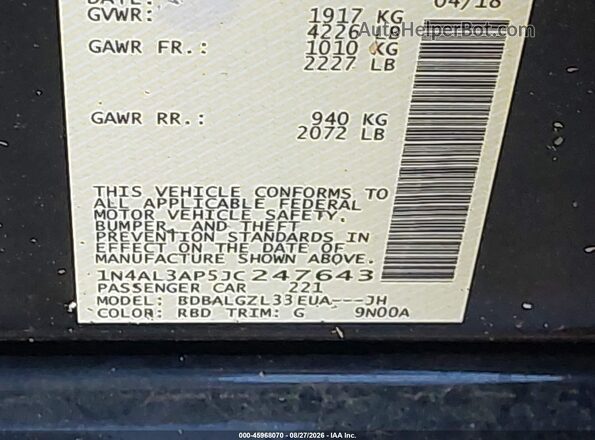 1N4AL3AP5JC247643 2018 NISSAN ALTIMA Черный Вид подкапотного пространства