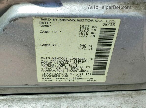 1N4AL3AP5JC472838 2018 NISSAN ALTIMA Серебряный Вид подкапотного пространства