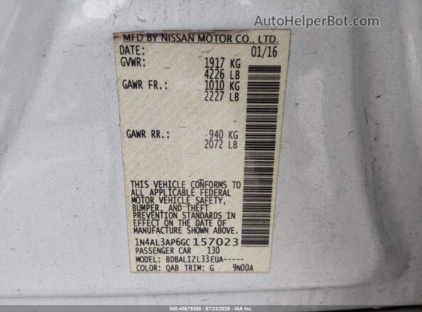 1N4AL3AP6GC157023 2016 NISSAN ALTIMA White ძრავის განყოფილების ხედი