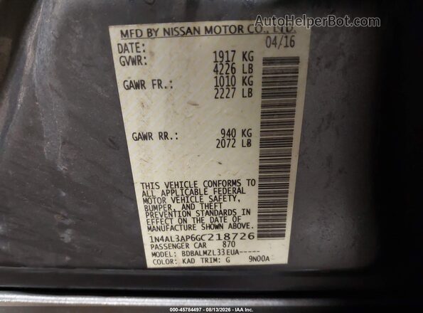 1N4AL3AP6GC218726 2016 NISSAN ALTIMA Gray Вид підкапотного простору