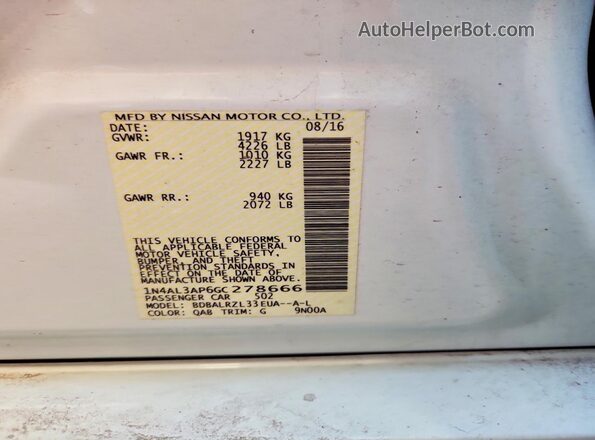 1N4AL3AP6GC278666 2016 NISSAN ALTIMA White Widok naklejki z numerem VIN