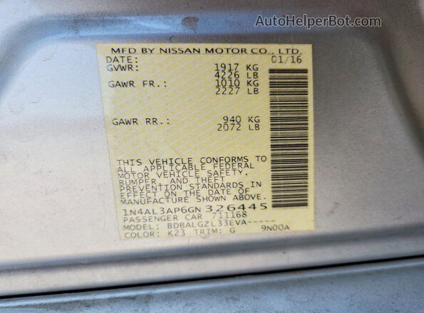 1N4AL3AP6GN326445 2016 NISSAN ALTIMA Silver Вид підкапотного простору