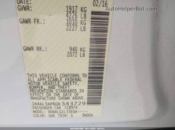 1N4AL3AP6GN343729 2016 NISSAN ALTIMA White Вид підкапотного простору