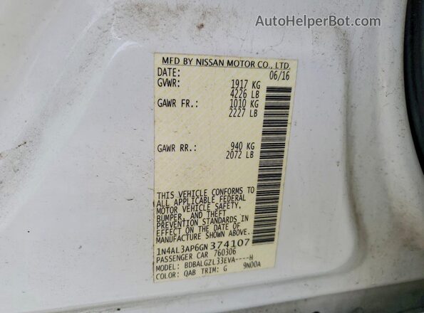 1N4AL3AP6GN374107 2016 NISSAN ALTIMA White Вид наклейки з VIN-кодом