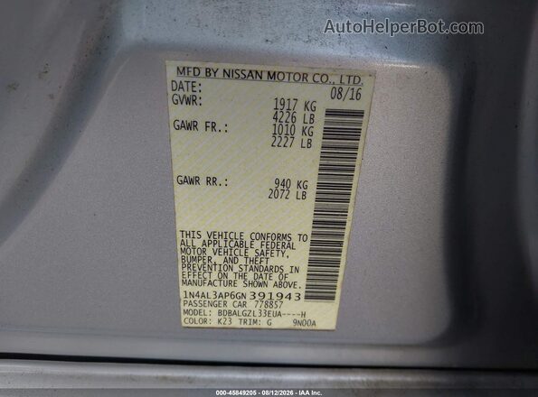 1N4AL3AP6GN391943 2016 NISSAN ALTIMA Silver Вид підкапотного простору
