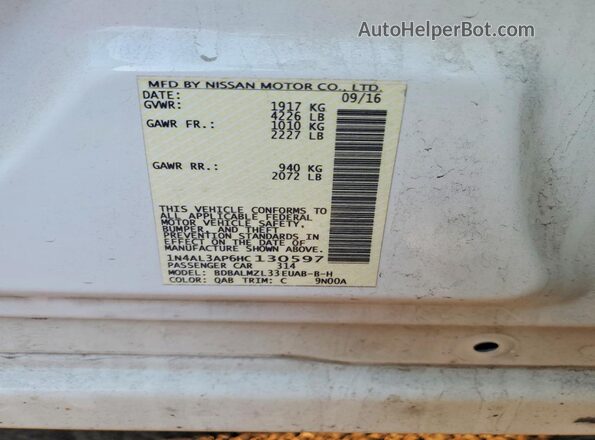 1N4AL3AP6HC130597 2017 NISSAN ALTIMA Белый Вид наклейки с VIN-кодом