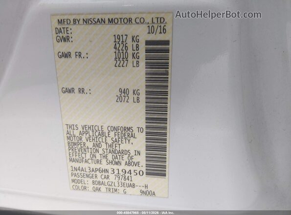 1N4AL3AP6HN319450 2017 NISSAN ALTIMA White Vista del compartimento del motor