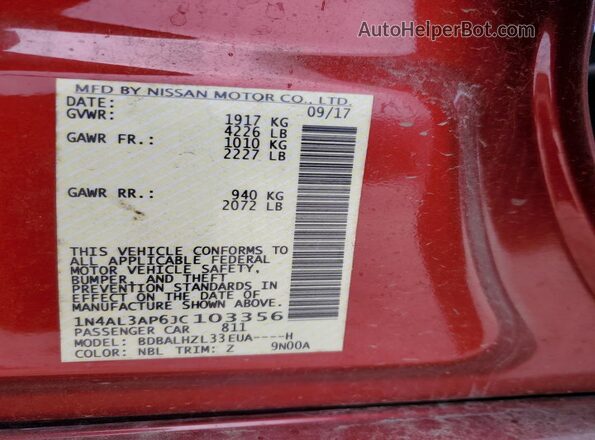 1N4AL3AP6JC103356 2018 NISSAN ALTIMA Red Vista del compartimento del motor