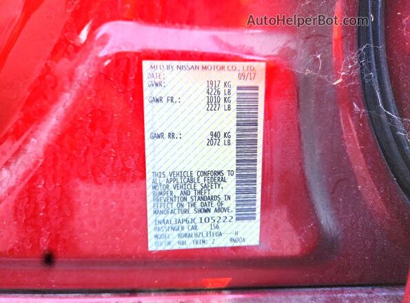 1N4AL3AP6JC105222 2018 NISSAN ALTIMA Red VIN կոդի պիտակի տեսք