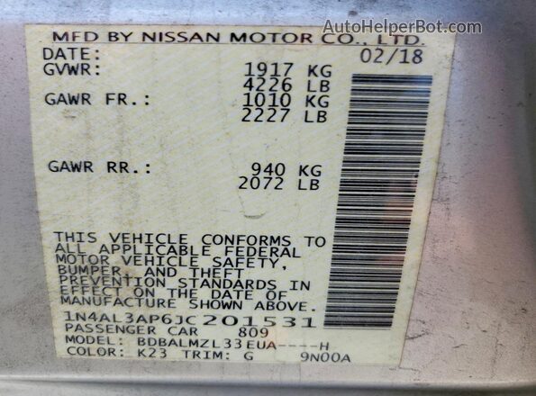1N4AL3AP6JC201531 2018 NISSAN ALTIMA Silver Engine compartment view