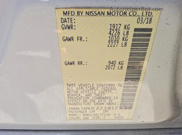1N4AL3AP6JC223917 2018 NISSAN ALTIMA White Вид підкапотного простору