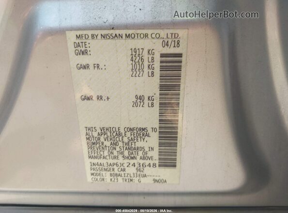1N4AL3AP6JC243648 2018 NISSAN ALTIMA Silver Widok komory silnika
