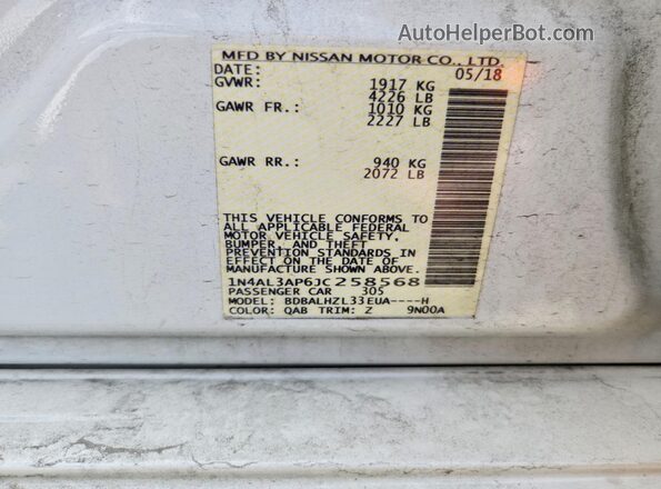 1N4AL3AP6JC258568 2018 NISSAN ALTIMA White Vista de la etiqueta del VIN