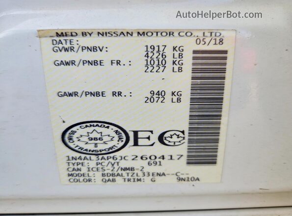 1N4AL3AP6JC260417 2018 NISSAN ALTIMA White 