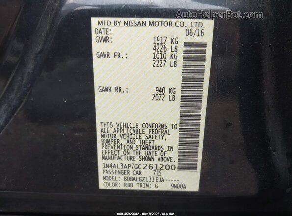 1N4AL3AP7GC261200 2016 NISSAN ALTIMA Black Vista del compartimento del motor