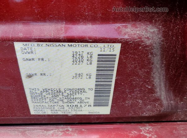 1N4AL3AP7GN308178 2016 NISSAN ALTIMA Burgundy ძრავის განყოფილების ხედი