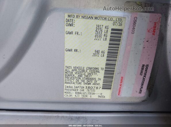 1N4AL3AP7GN380787 2016 NISSAN ALTIMA Серебряный Вид подкапотного пространства