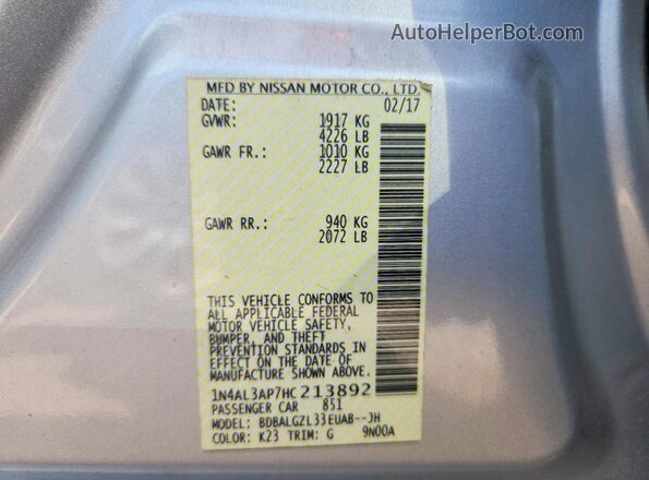 1N4AL3AP7HC213892 2017 NISSAN ALTIMA Серебряный Вид подкапотного пространства