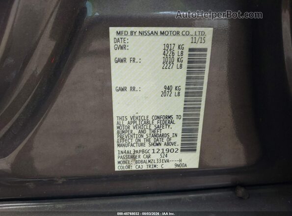 1N4AL3AP8GC121902 2016 NISSAN ALTIMA Champagne Widok komory silnika