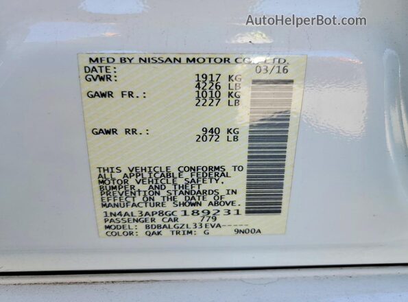 1N4AL3AP8GC189231 2016 NISSAN ALTIMA White VIN կոդի պիտակի տեսք
