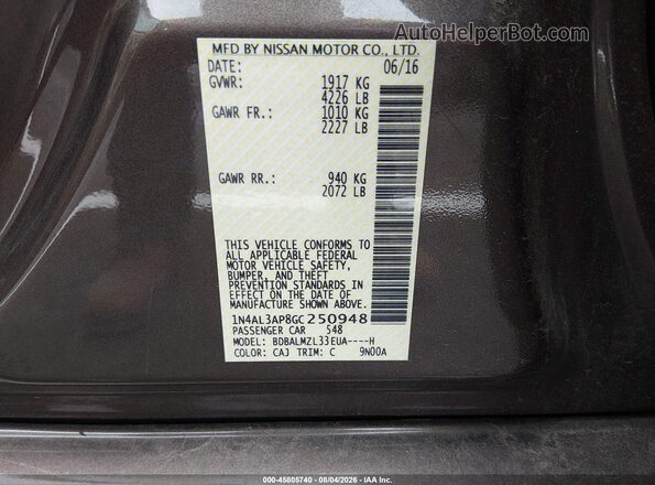 1N4AL3AP8GC250948 2016 NISSAN ALTIMA Dark Brown Շարժիչի բաժամունքի տեսք