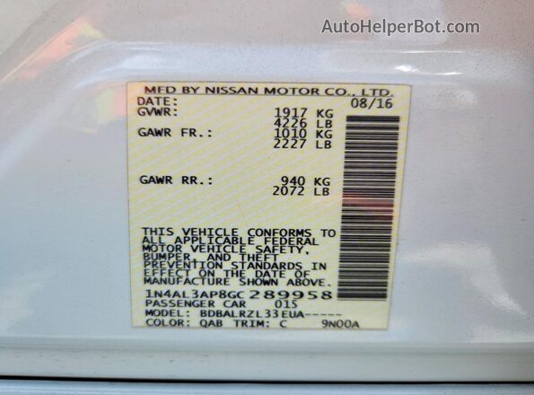 1N4AL3AP8GC289958 2016 NISSAN ALTIMA White Շարժիչի բաժամունքի տեսք