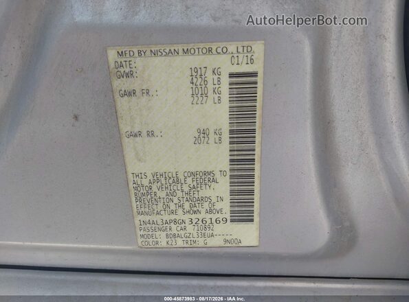 1N4AL3AP8GN326169 2016 NISSAN ALTIMA Silver ძრავის განყოფილების ხედი