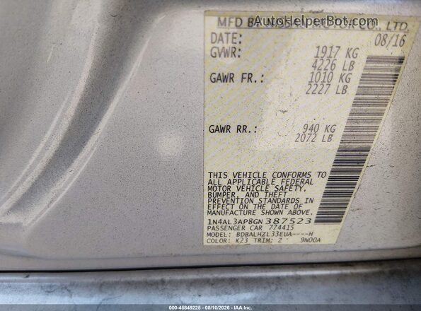 1N4AL3AP8GN387523 2016 NISSAN ALTIMA Silver Շարժիչի բաժամունքի տեսք