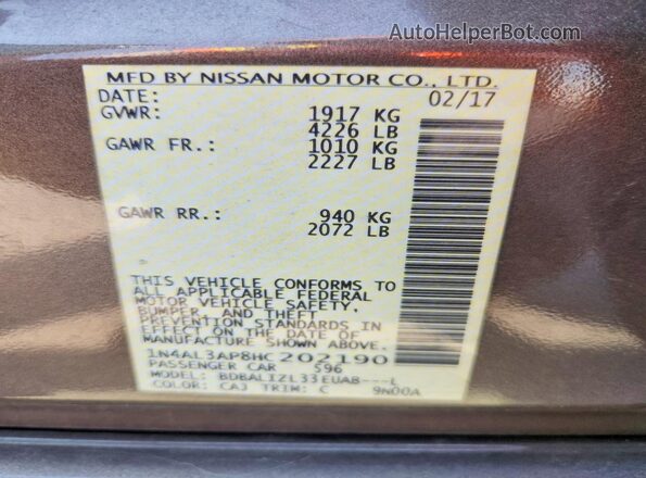1N4AL3AP8HC202190 2017 NISSAN ALTIMA Brown Вид підкапотного простору