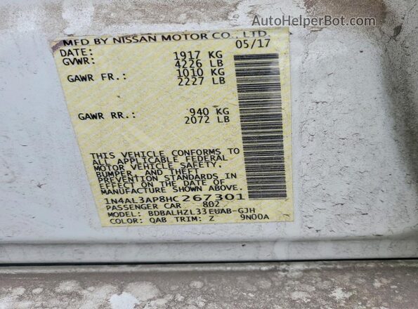 1N4AL3AP8HC267301 2017 NISSAN ALTIMA White Vista de la etiqueta del VIN