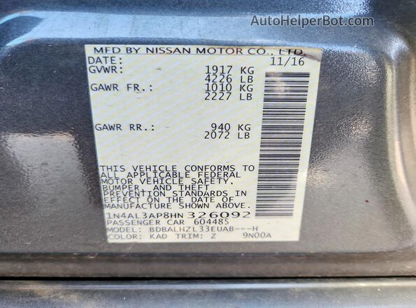 1N4AL3AP8HN326092 2017 NISSAN ALTIMA Gray ძრავის განყოფილების ხედი