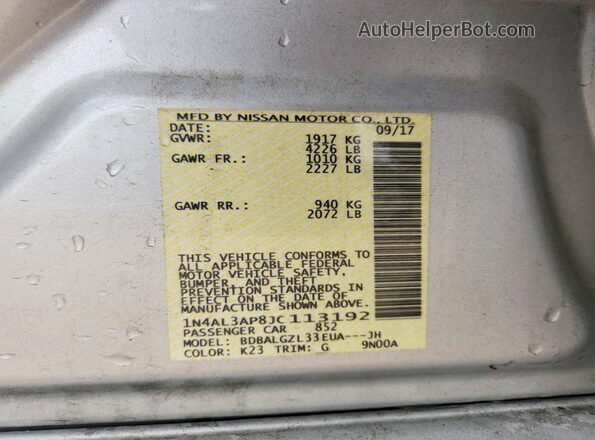1N4AL3AP8JC113192 2018 NISSAN ALTIMA Silver VIN sticker view
