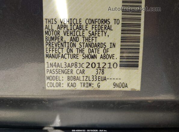 1N4AL3AP8JC201210 2018 NISSAN ALTIMA Серый Вид подкапотного пространства