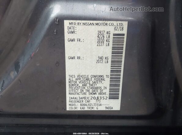 1N4AL3AP8JC208352 2018 NISSAN ALTIMA Gray Vista del compartimento del motor