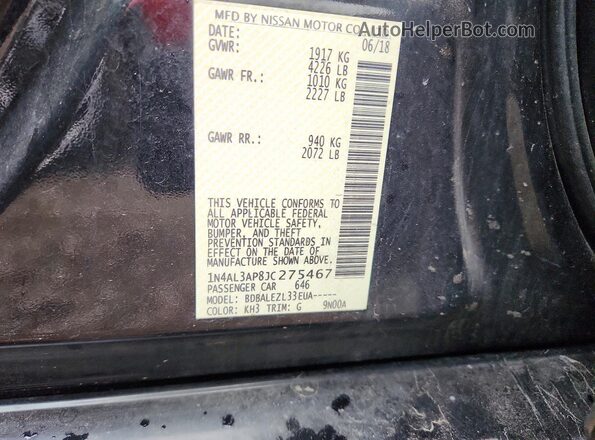 1N4AL3AP8JC275467 2018 NISSAN ALTIMA Black VIN կոդի պիտակի տեսք