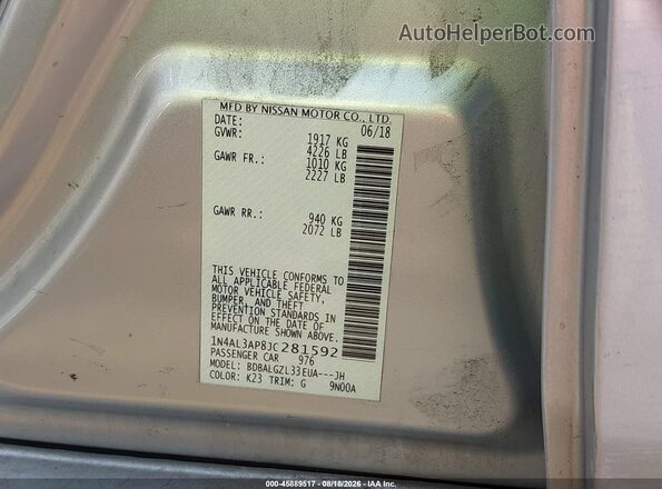 1N4AL3AP8JC281592 2018 NISSAN ALTIMA Серебряный Вид подкапотного пространства
