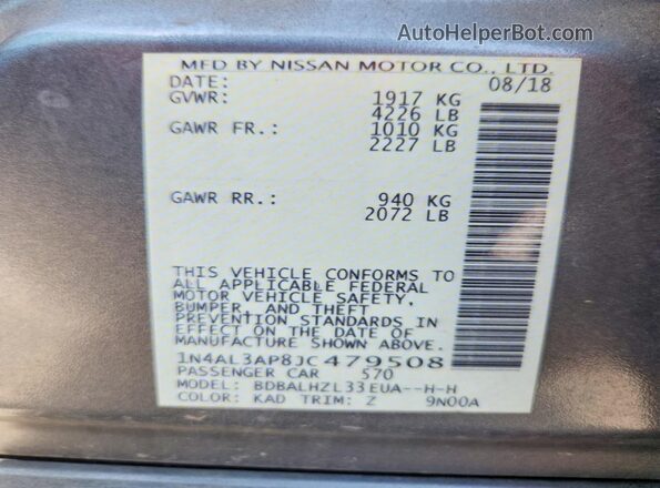 1N4AL3AP8JC479508 2018 NISSAN ALTIMA Gray VIN կոդի պիտակի տեսք
