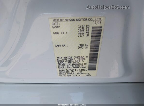 1N4AL3AP9GC125005 2016 NISSAN ALTIMA White ძრავის განყოფილების ხედი