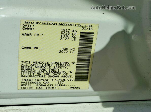 1N4AL3AP9GC158456 2016 NISSAN ALTIMA White ძრავის განყოფილების ხედი