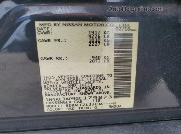 1N4AL3AP9GC179873 2016 NISSAN ALTIMA Угольный Вид наклейки с VIN-кодом