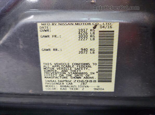 1N4AL3AP9GC206988 2016 NISSAN ALTIMA Gray Widok naklejki z numerem VIN