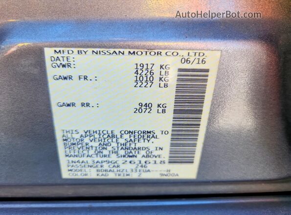 1N4AL3AP9GC261618 2016 NISSAN ALTIMA Gray Widok komory silnika