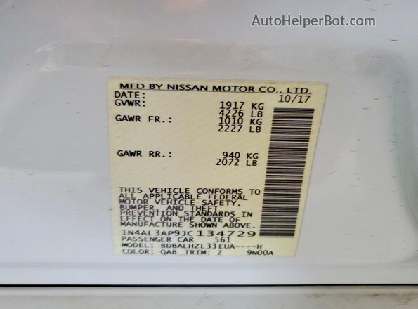 1N4AL3AP9JC134729 2018 NISSAN ALTIMA White Вид наклейки з VIN-кодом