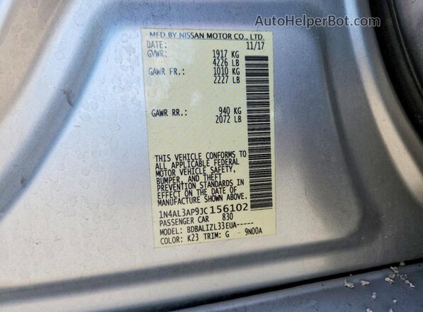 1N4AL3AP9JC156102 2018 NISSAN ALTIMA Серебряный Вид наклейки с VIN-кодом