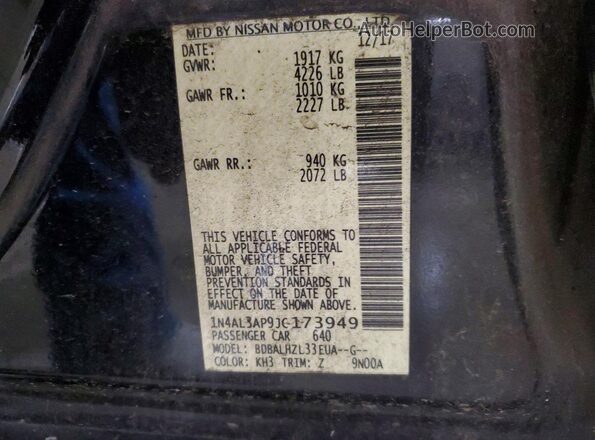 1N4AL3AP9JC173949 2018 NISSAN ALTIMA Черный Вид наклейки с VIN-кодом
