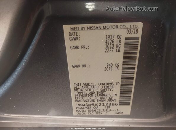 1N4AL3AP9JC213396 2018 NISSAN ALTIMA Gray Widok komory silnika