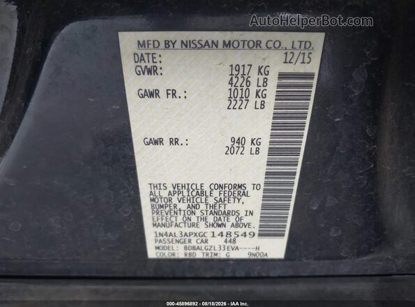 1N4AL3APXGC148549 2016 NISSAN ALTIMA Синий Вид подкапотного пространства
